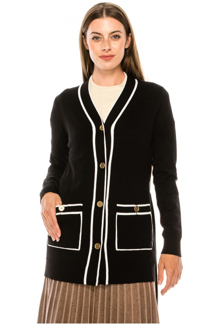 V-neck buttoned cardigan in black and white