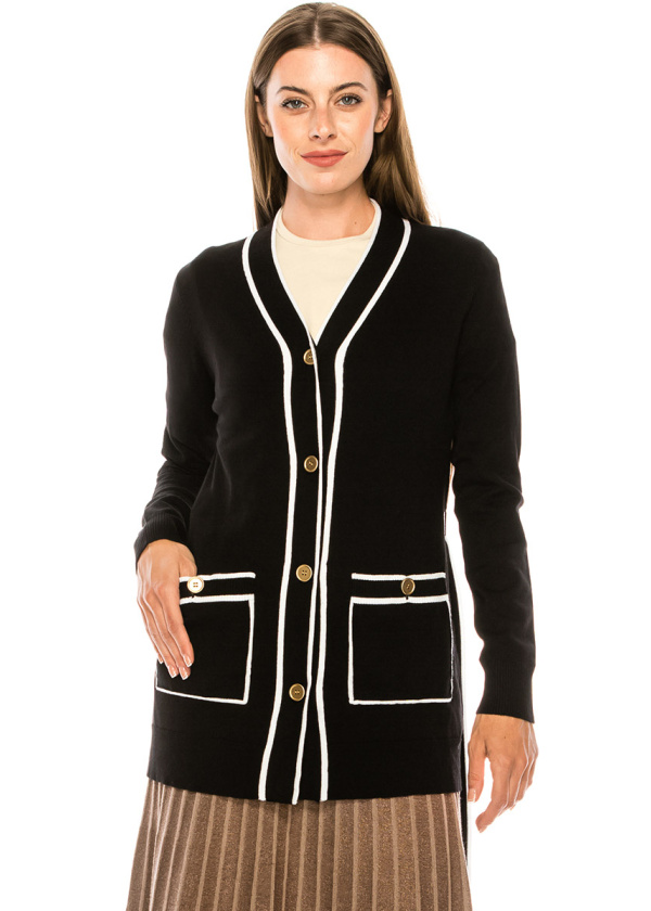 V-neck buttoned cardigan in black and white