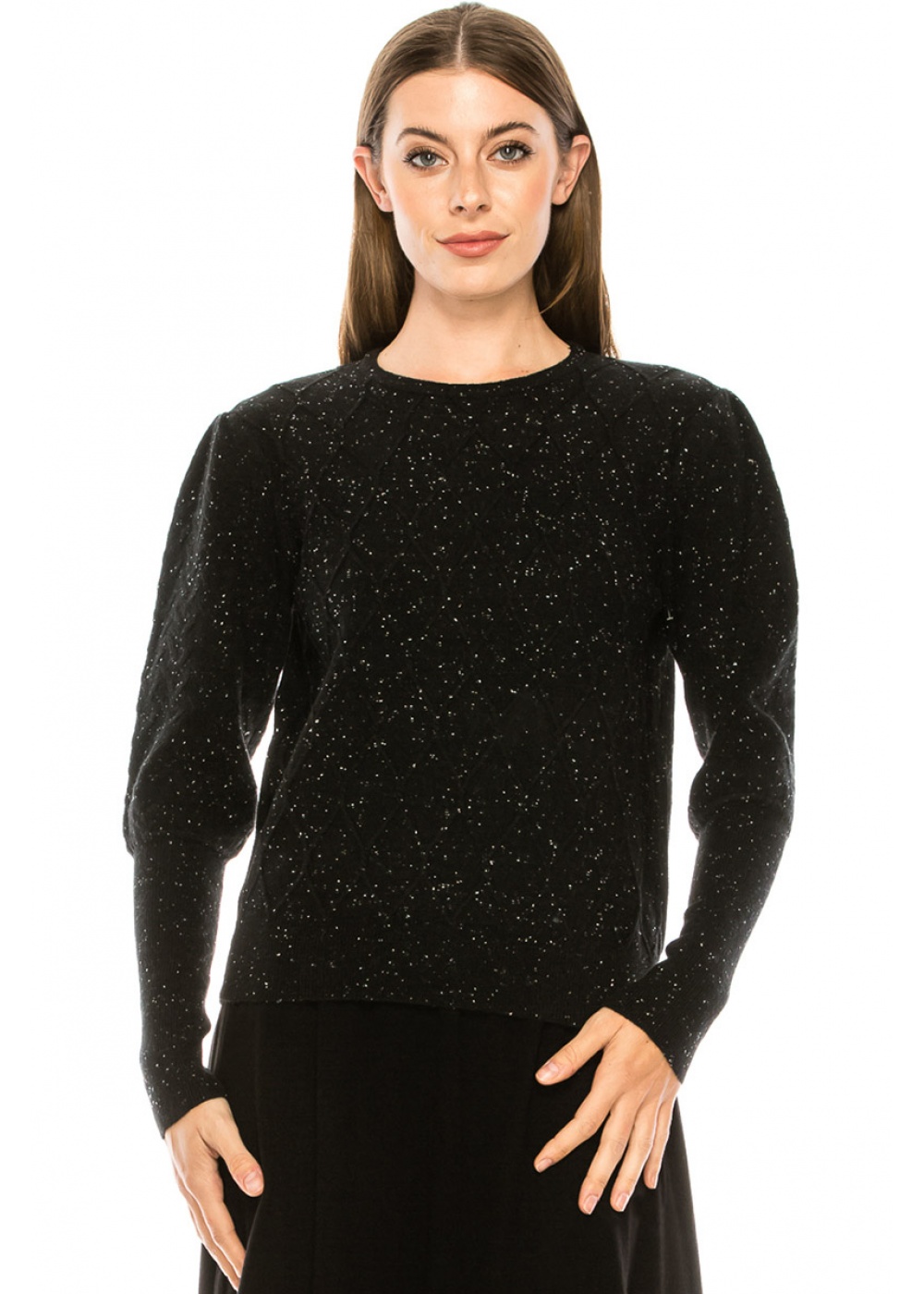 Leg-of-mutton sleeve shiny sweater in black