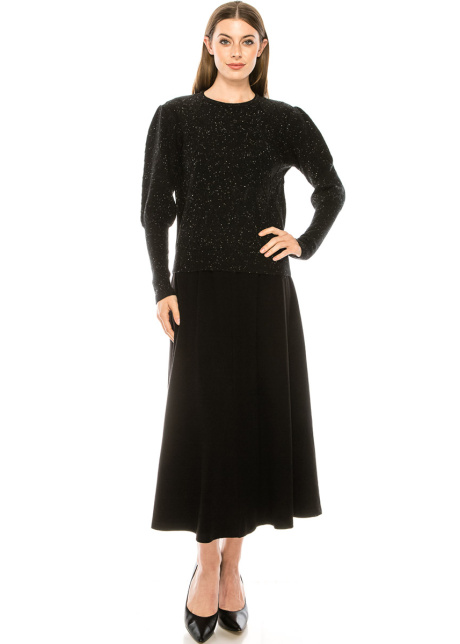 Leg-of-mutton sleeve shiny sweater in black