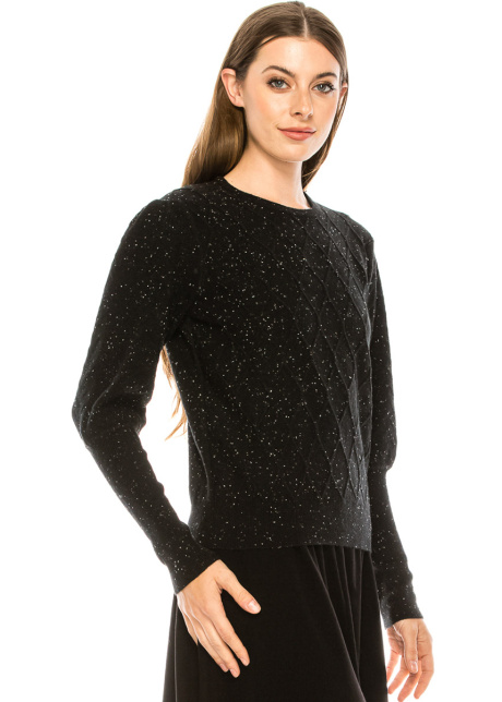 Leg-of-mutton sleeve shiny sweater in black