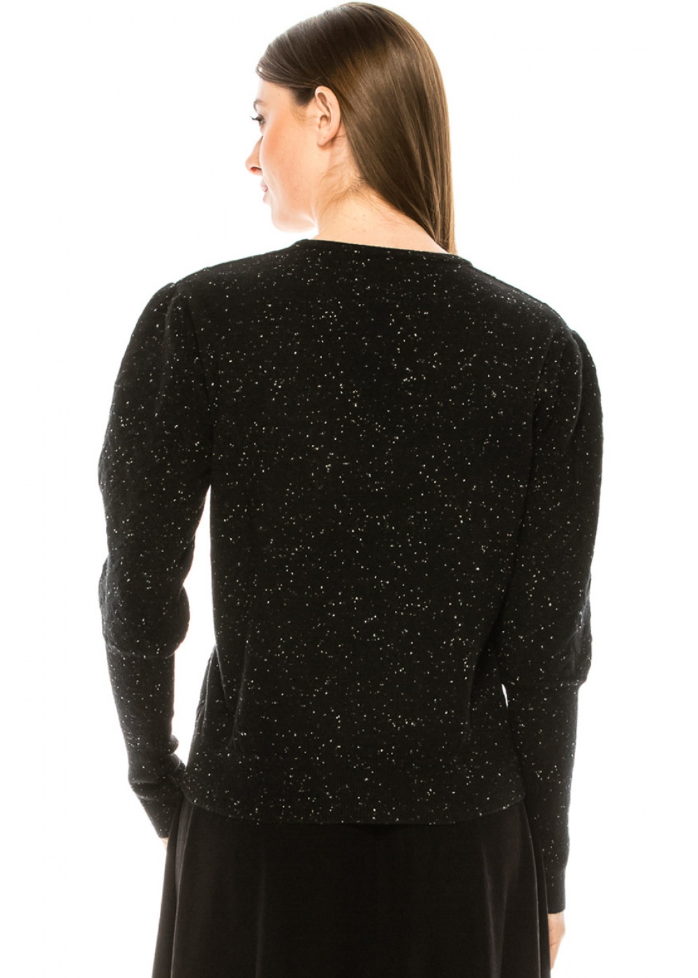 Leg-of-mutton sleeve shiny sweater in black