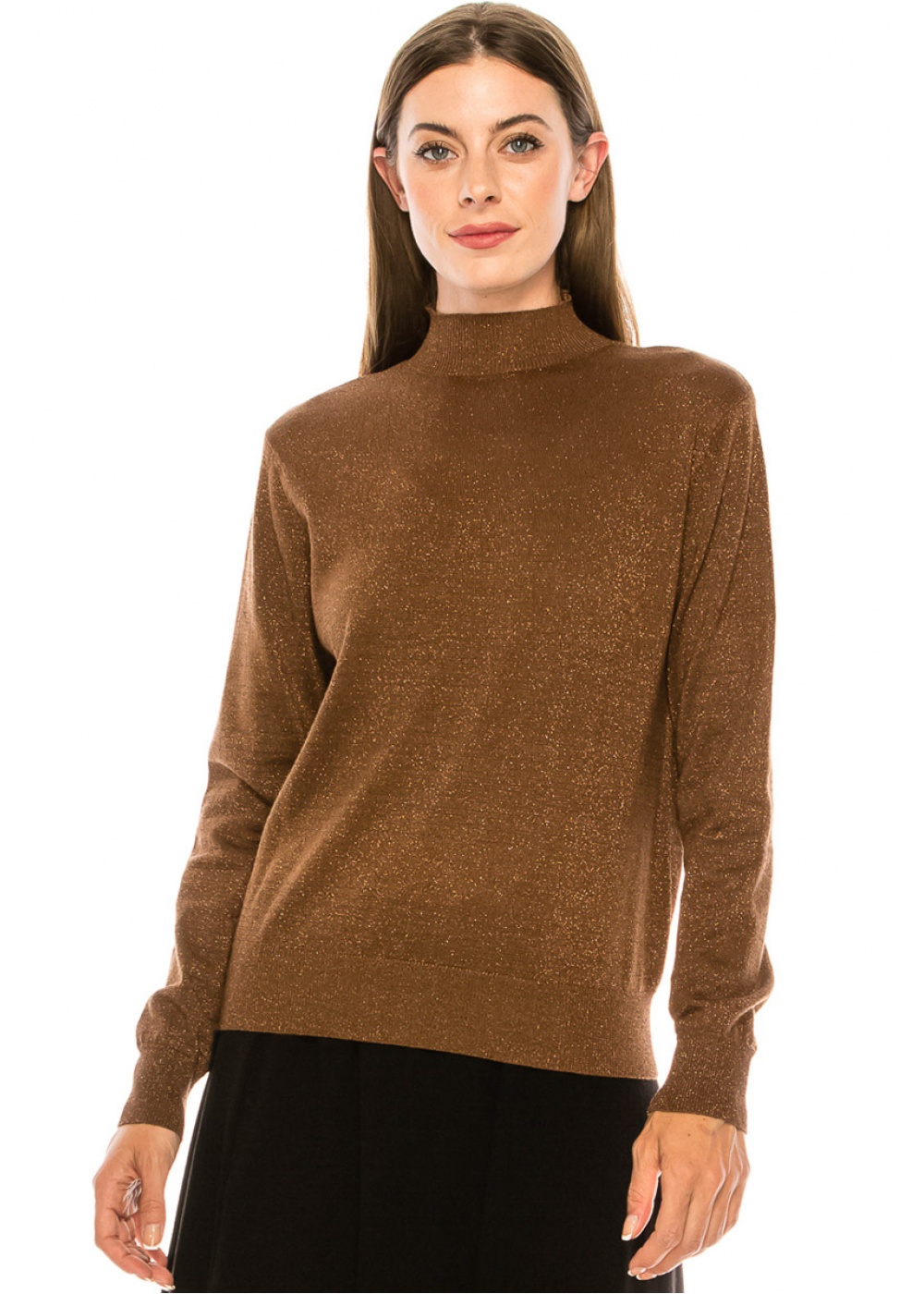 High neck lurex sweater in brown