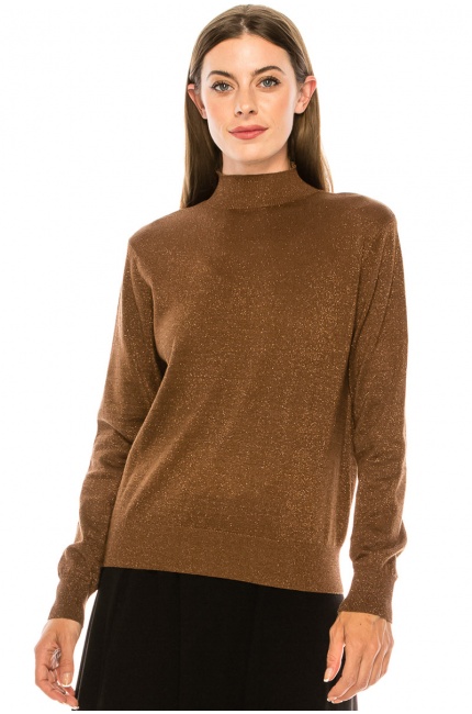 High neck lurex sweater in brown