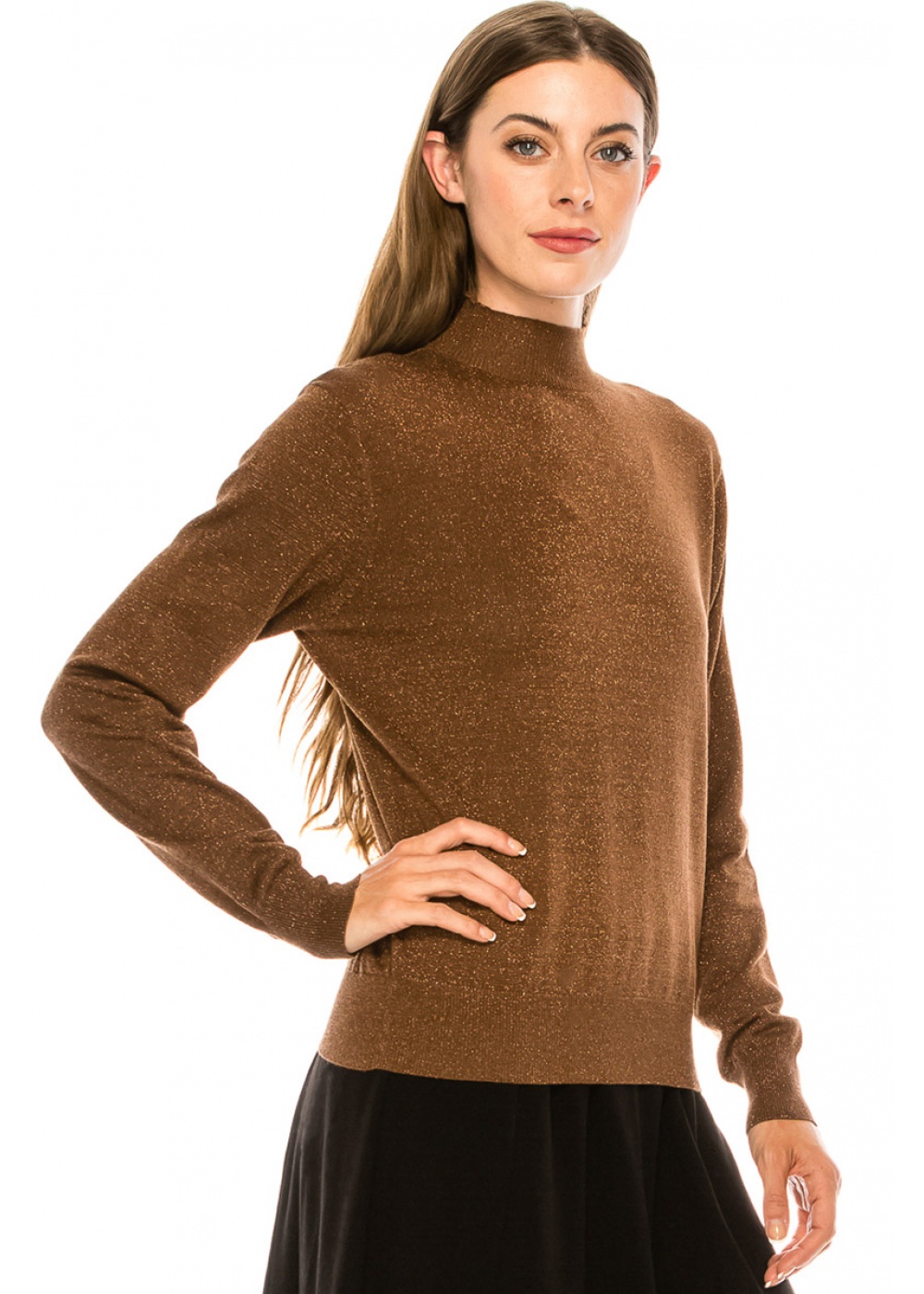High neck lurex sweater in brown