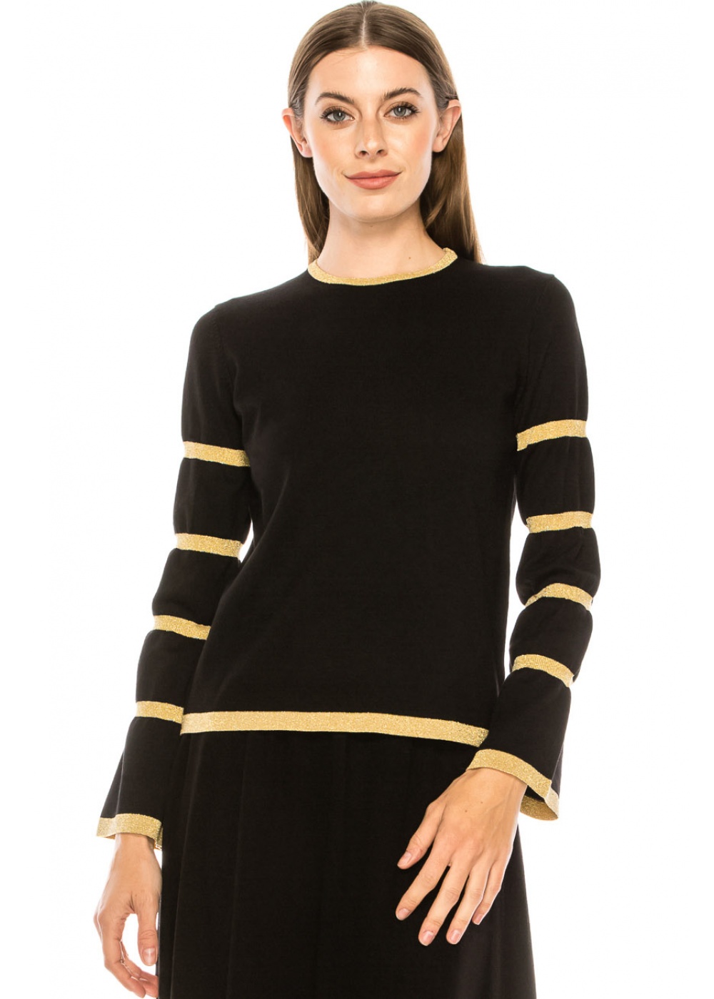 Bell sleeve sweater with accent stripes
