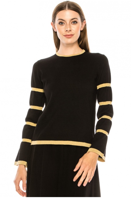 Bell sleeve sweater with accent stripes
