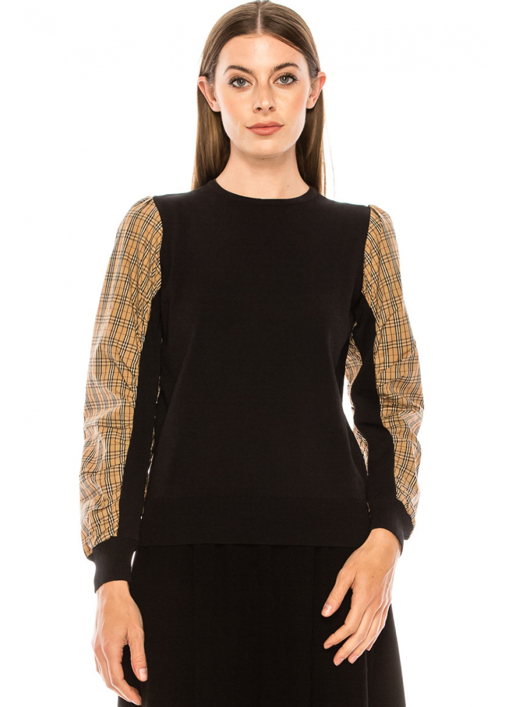 Black sweater with checkered sleeves
