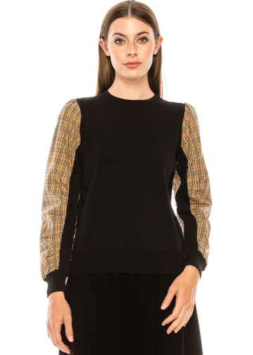 Black sweater with checkered sleeves