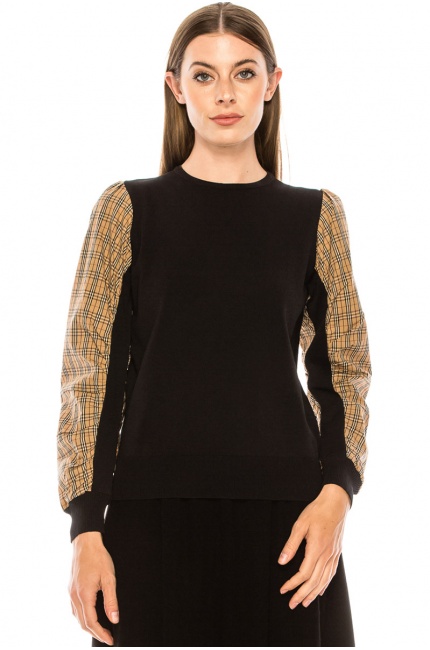 Black sweater with checkered sleeves