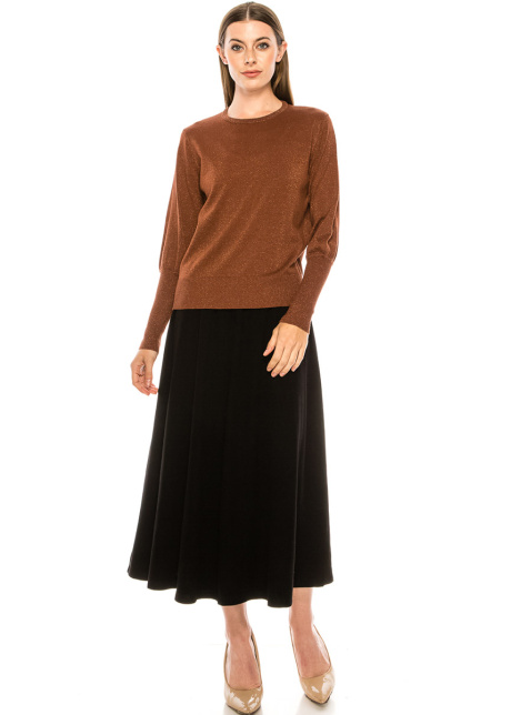 Flat knit lurex sweater in rust