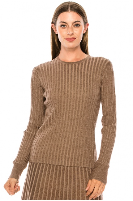 Crew neck taupe sweater with lurex threads