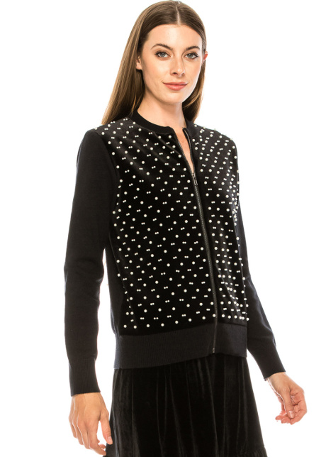Velvet pearl cardigan in black