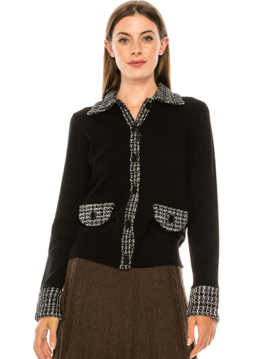 Check print trim cardigan in black and white
