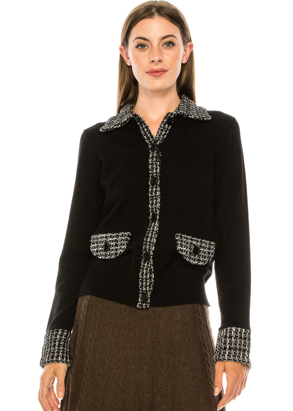 Check print trim cardigan in black and white