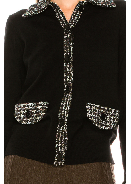 Check print trim cardigan in black and white
