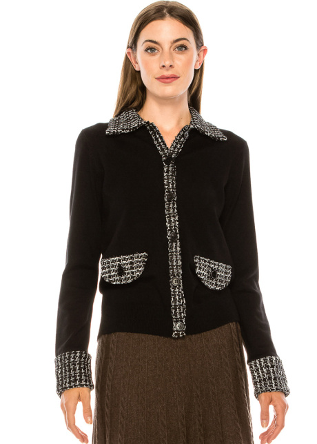 Check print trim cardigan in black and white