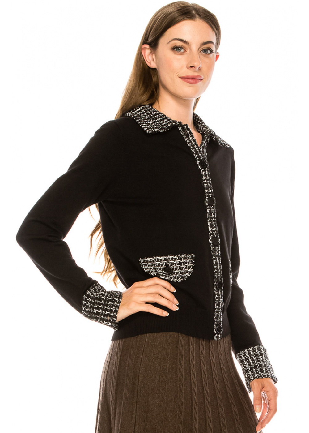 Check print trim cardigan in black and white