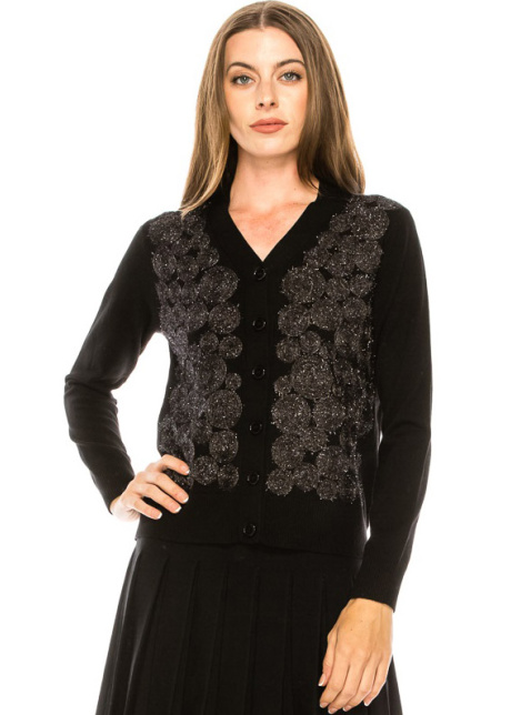 Embellished button-down cardigan in black