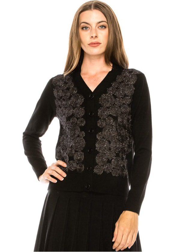Embellished button-down cardigan in black