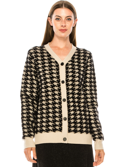 V-neck houndstooth print cardigan