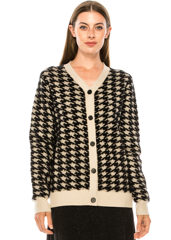 V-neck houndstooth print cardigan