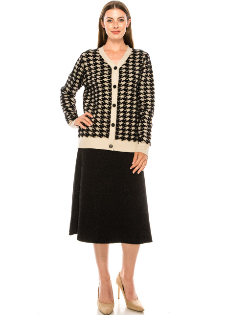 V-neck houndstooth print cardigan