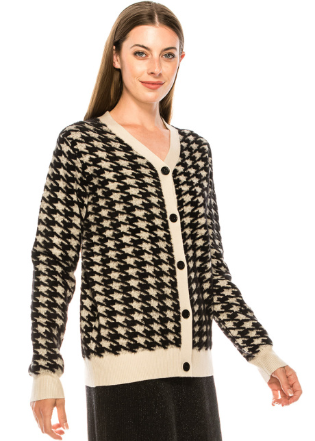 V-neck houndstooth print cardigan