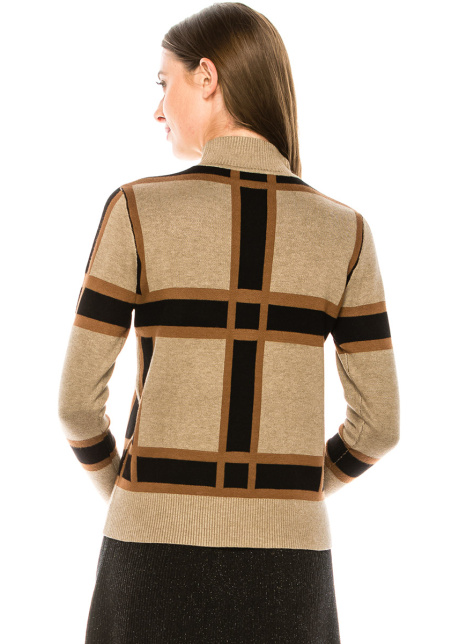 High neck checkered sweater in camel