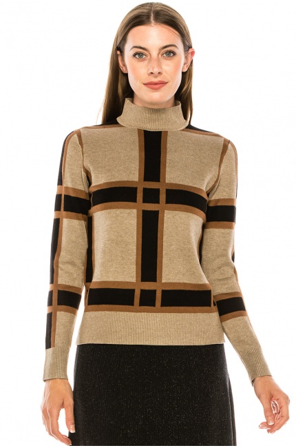 High neck checkered sweater in camel