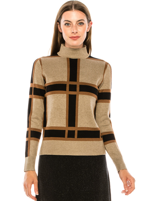High neck checkered sweater in camel