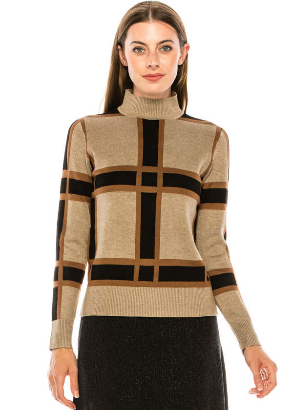 High neck checkered sweater in camel
