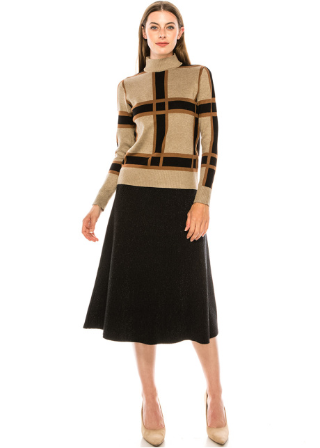 High neck checkered sweater in camel