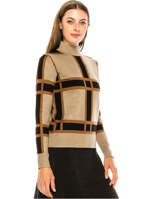High neck checkered sweater in camel