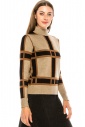 High neck checkered sweater in camel