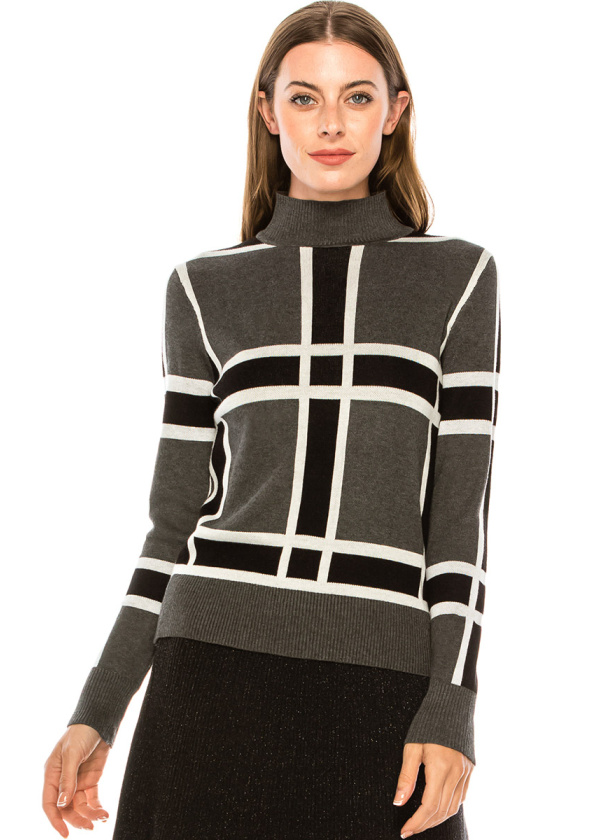 High neck checkered sweater in grey