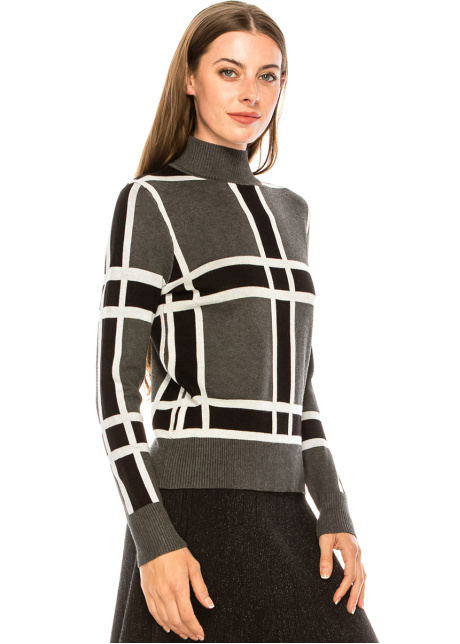 High neck checkered sweater in grey