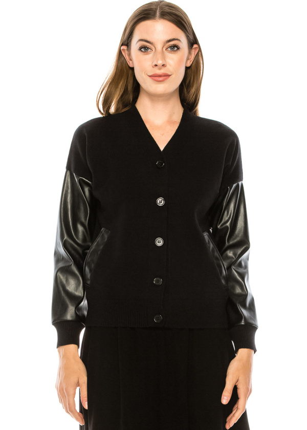 Black cardigan with leather sleeves