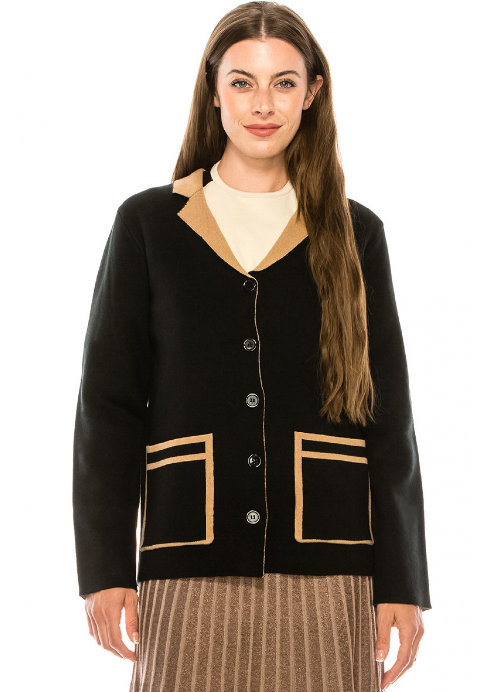 Two-colored buttoned cardigan with turndown collar