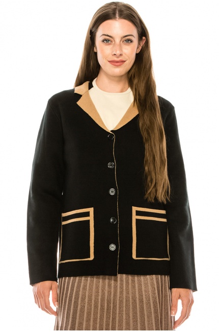 Two-colored buttoned cardigan with turndown collar