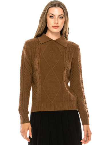 Shirt collar cable knit sweater in brown