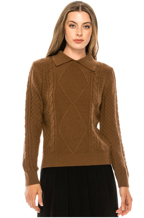 Shirt collar cable knit sweater in brown