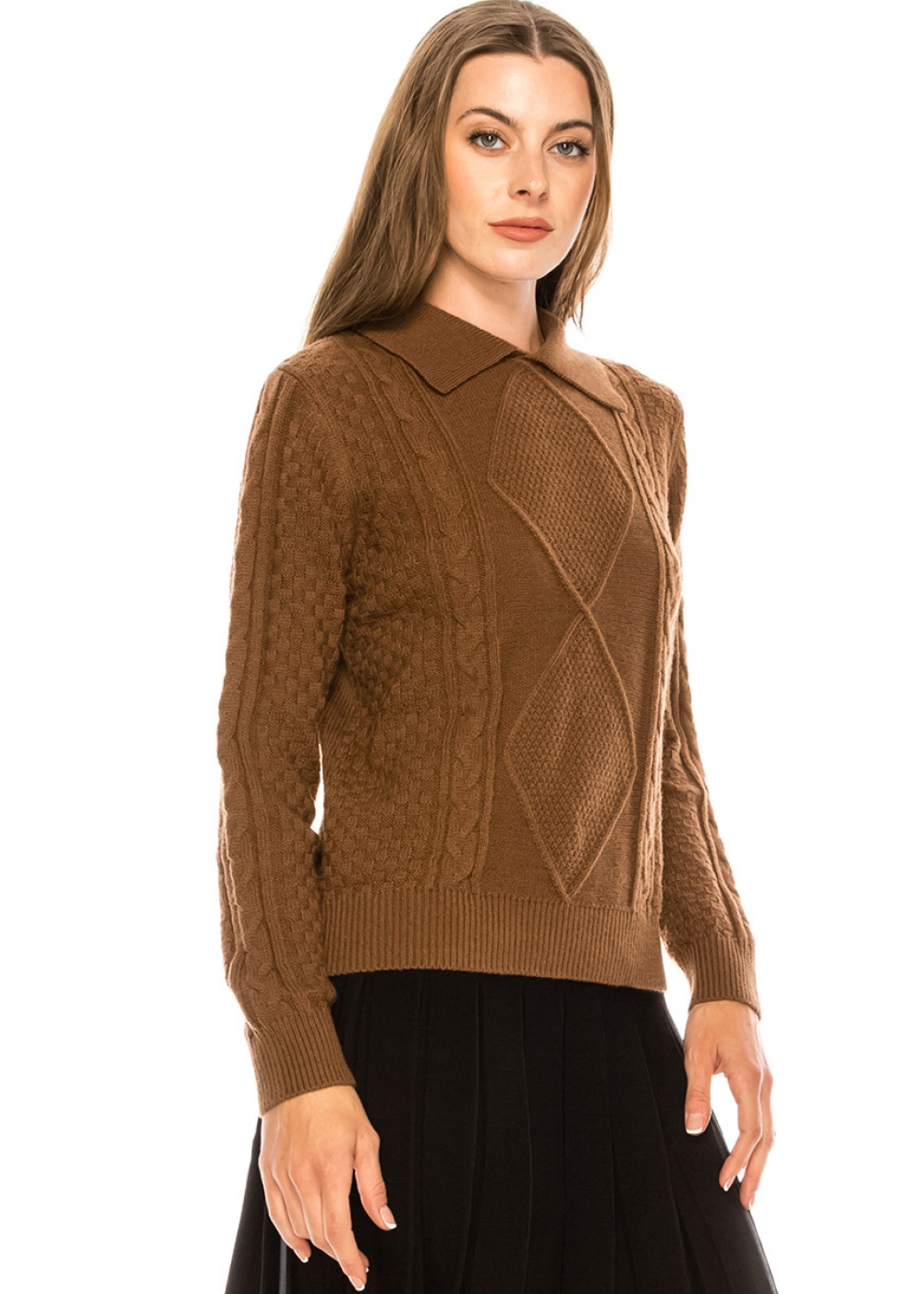 Shirt collar cable knit sweater in brown