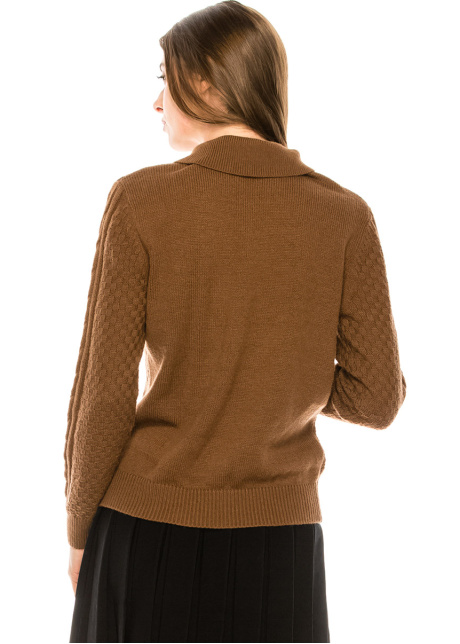 Shirt collar cable knit sweater in brown