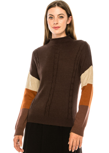 High neck color block sweater in brown
