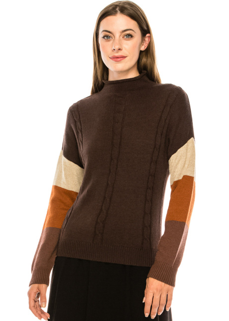 High neck color block sweater in brown