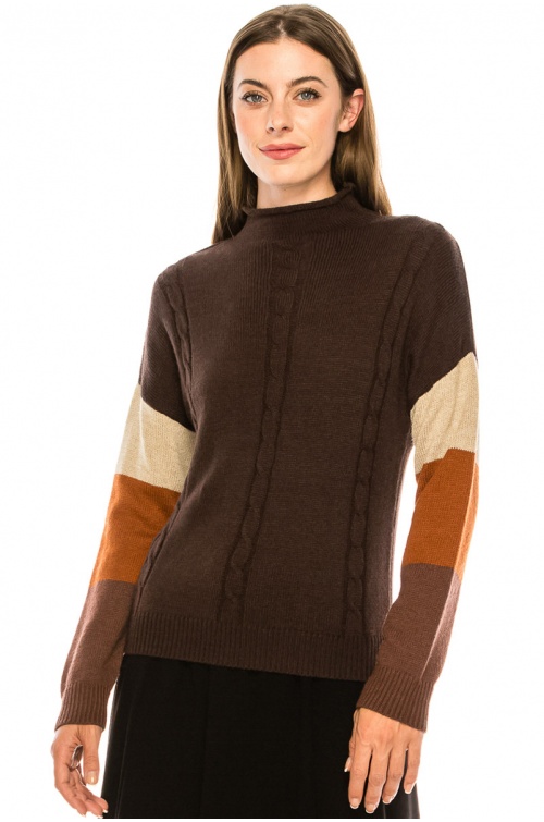 High neck color block sweater in brown