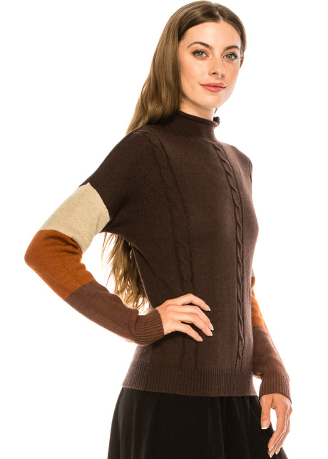 High neck color block sweater in brown
