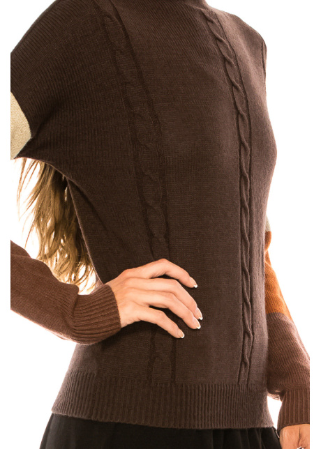 High neck color block sweater in brown