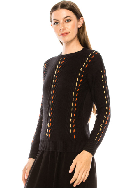 Crew neck black sweater with contrast stitch